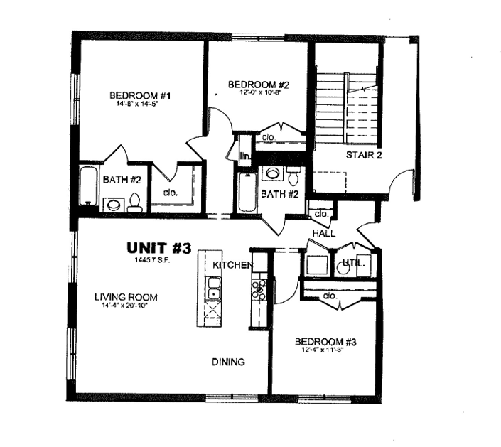 Floor plan for 3 beds, 2 baths, 1445 sqft